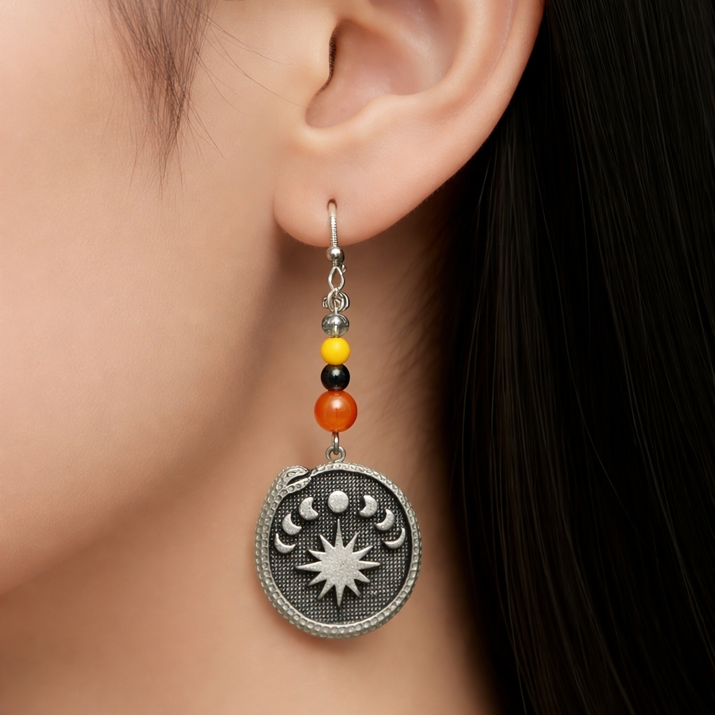 The Sun, The Moon And The Serpent 925 Hypoallergenic Hooks Dangle Earrings